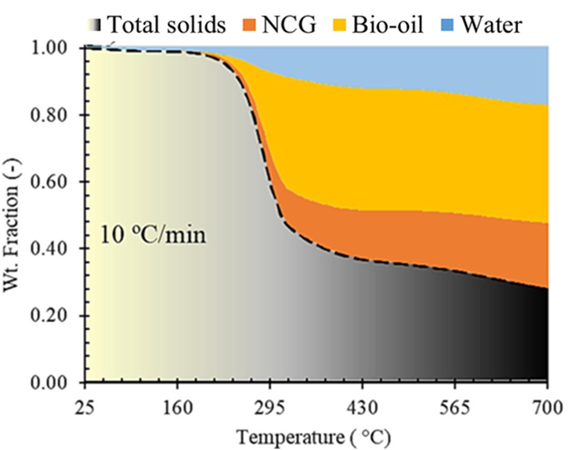 Évolution des solides, des gaz non condensables, des produits liquides et de l’eau au cours de la pyrolyse.