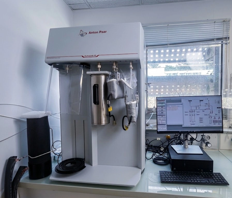 Analyseur automatique de physisorption de gaz Anton Paar Autosorb iQ au laboratoire, avec son poste de contrôle